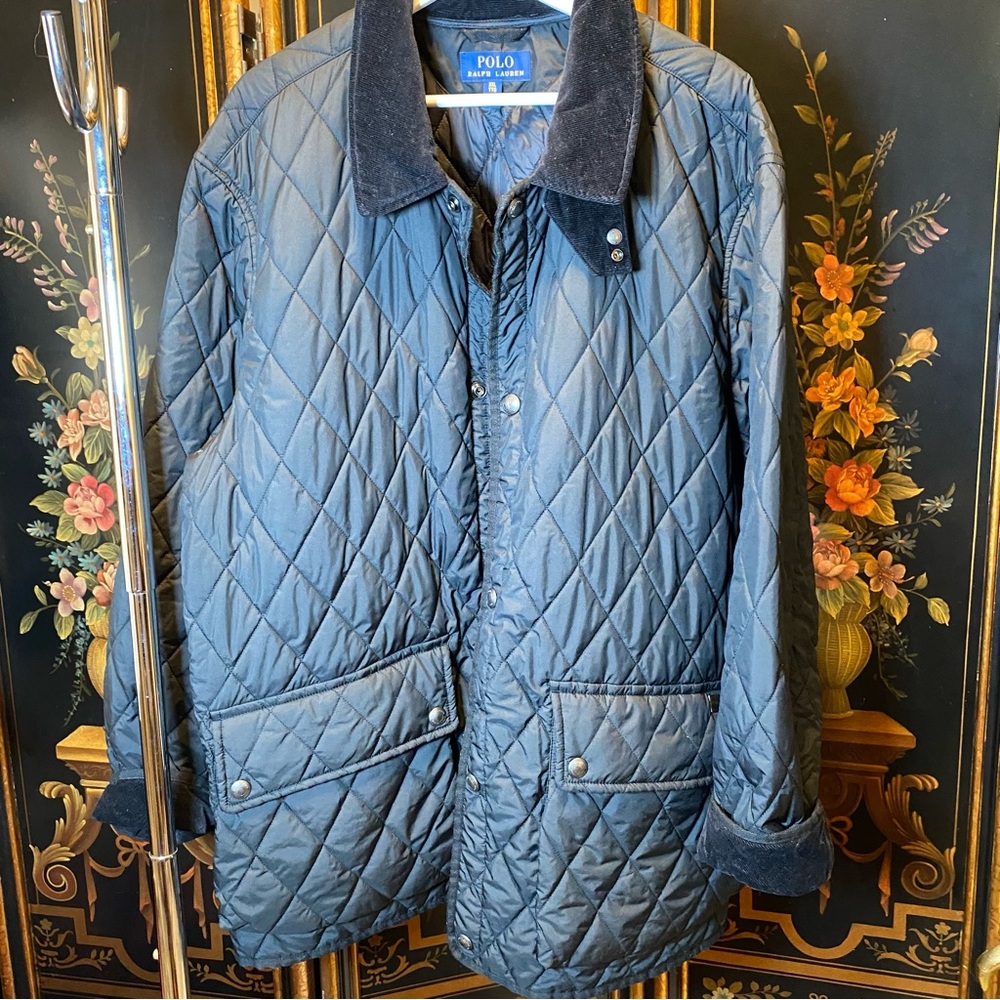 Polo Ralph Lauren Men's Black Quilted Jacket with Black Corduroy Collar